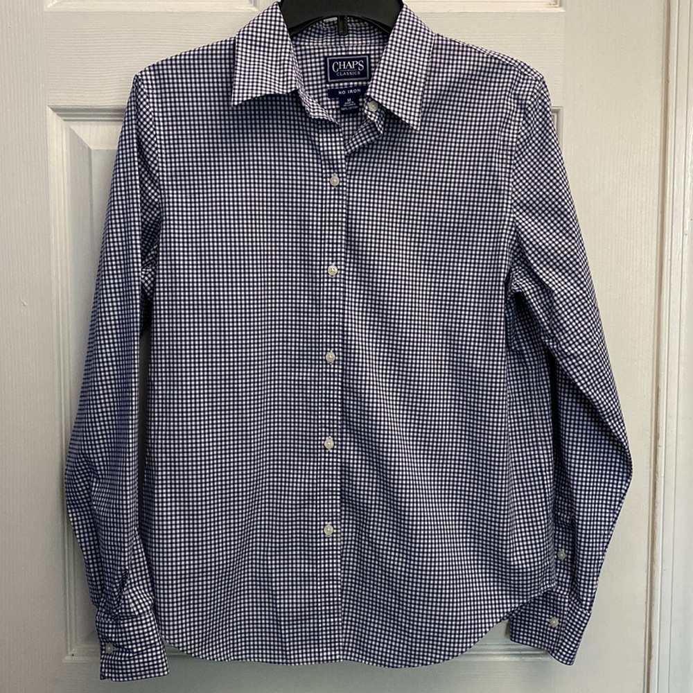 Chaps Classic Blue and White Checkered Button Down, Medium